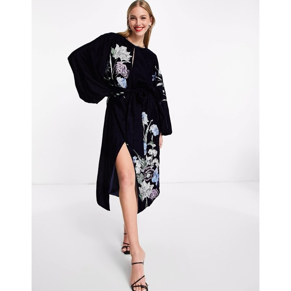 ASOS Navy Blue Velvet Floral Embroidered Midi Dress